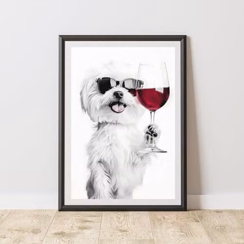 60 Second Makeover Funny Maltese Drinking Wine Paper Poster, Black and White, A4