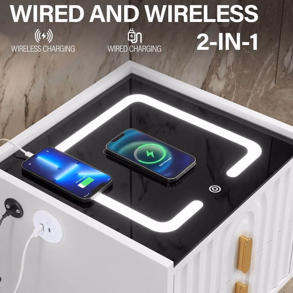 VOGREX Modern White LED Bedside Cabinet with 2 Drawers and Wireless Charging – 4