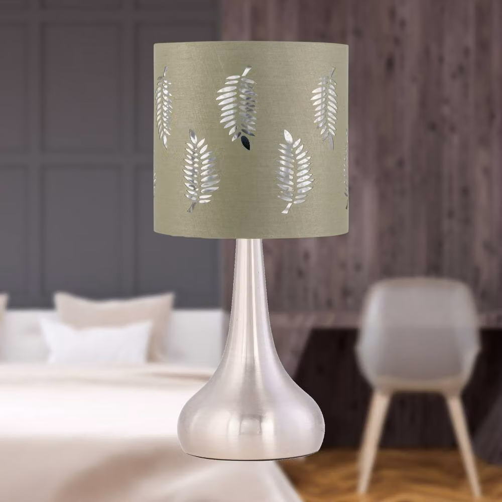 First Choice Lighting Romana Set of 2 Brushed Chrome Touch Table Lamps with Sage Green Fern Silver Fabric Shades – 4