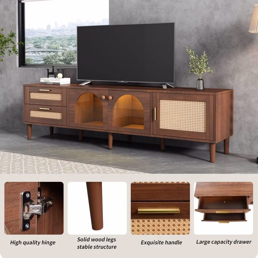 Merax Mid-Century Brown Walnut TV Stand with Rattan Doors, Arched Glass and LED Lights, W: 180 cm, D: 40 cm, H: 50 cm – 3