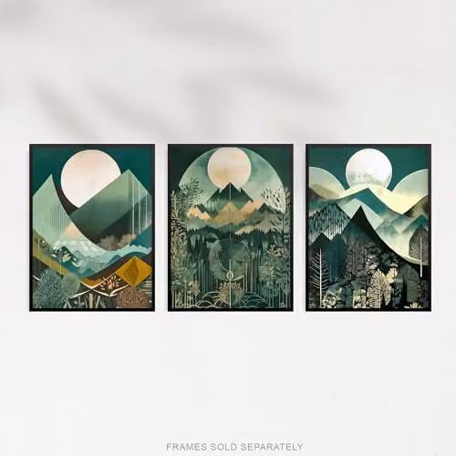 Artery8 Set of 3 A4 Geometric Forest and Mountain Landscape Boho Art Deco Paper Poster Prints in Tan, Petrol and Green – 4