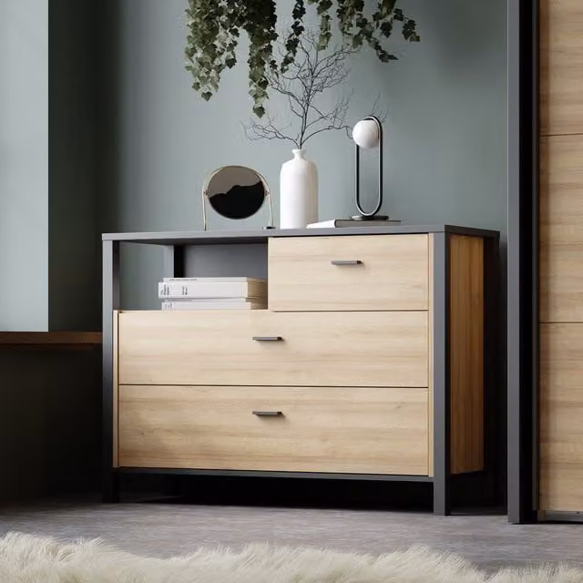 Furniture To Go High Rock Chest of 3 Drawers in Matt Black and Riviera Oak