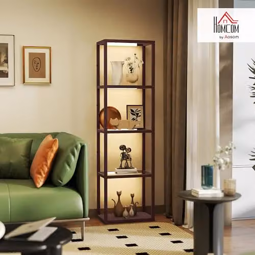 HOMCOM Dimmable LED Floor Lamp with 4 Glass Shelves in Dark Brown – 2