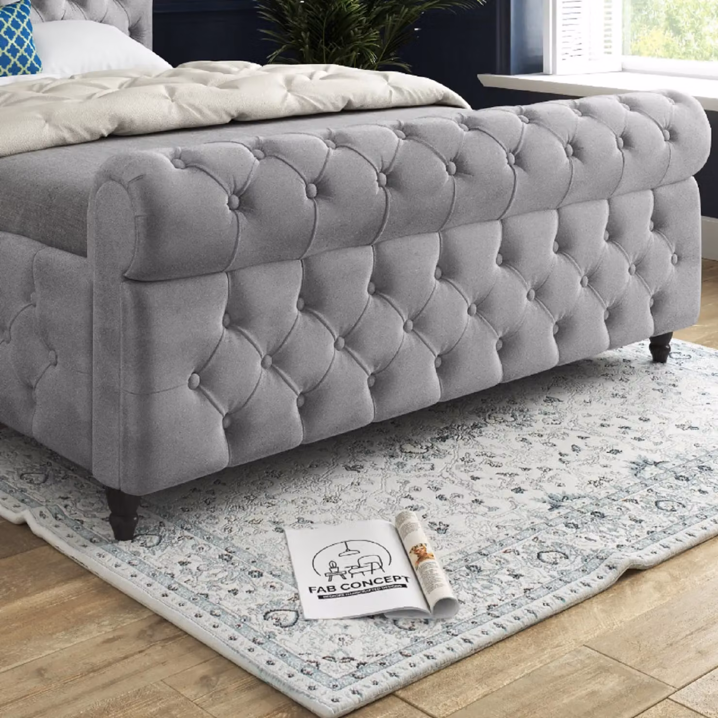 KDMD Nestling Sleigh Upholstered Soft Velvet Designer Bed Frame in Grey, Small Single – 4