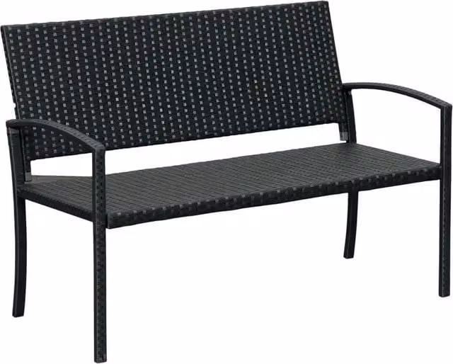 FLAVORA Black 2 Seater Rattan Garden Bench with Armrests and Cushions – 1