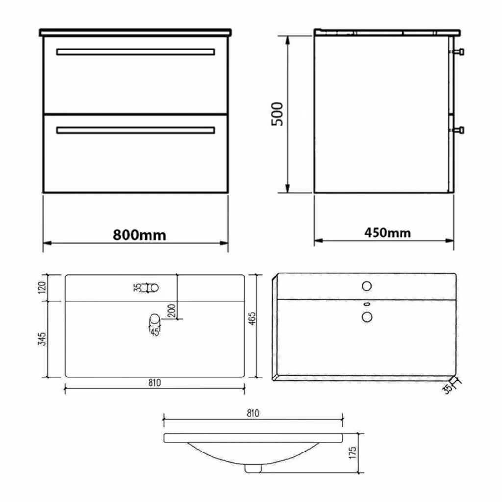 Clifton Silver Oak 2 Drawer Wall Hung Bathroom Unit with Ceramic Basin, Light Grey, Width: 80 cm – 2