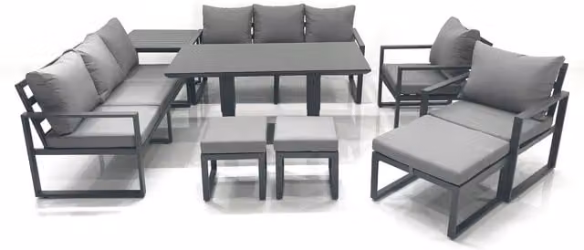 Fimous Garden Sofa Set in Dark Grey with Height Adjustable Dining Table, 2 Chairs and 3 Footstools – 1