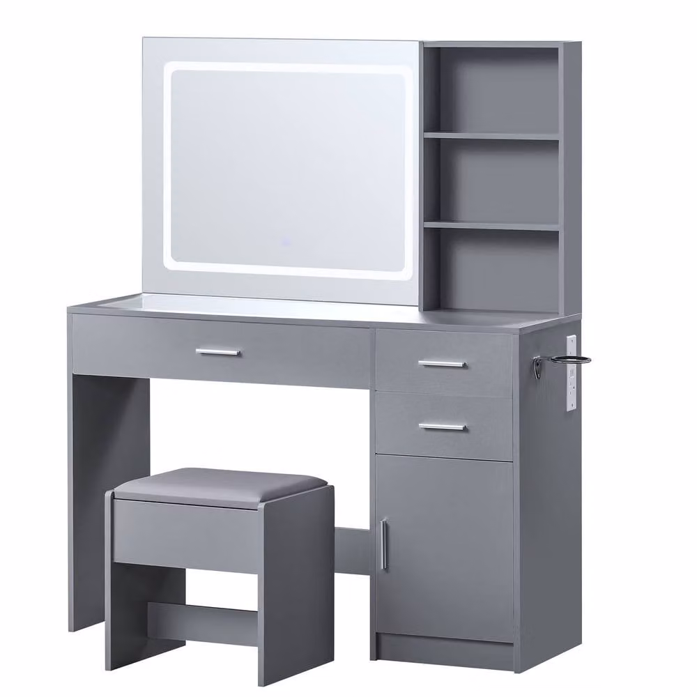 Vida Designs Clova LED Dressing Table with 3 Drawers, 1 Door and 2 Shelves in Grey – 2