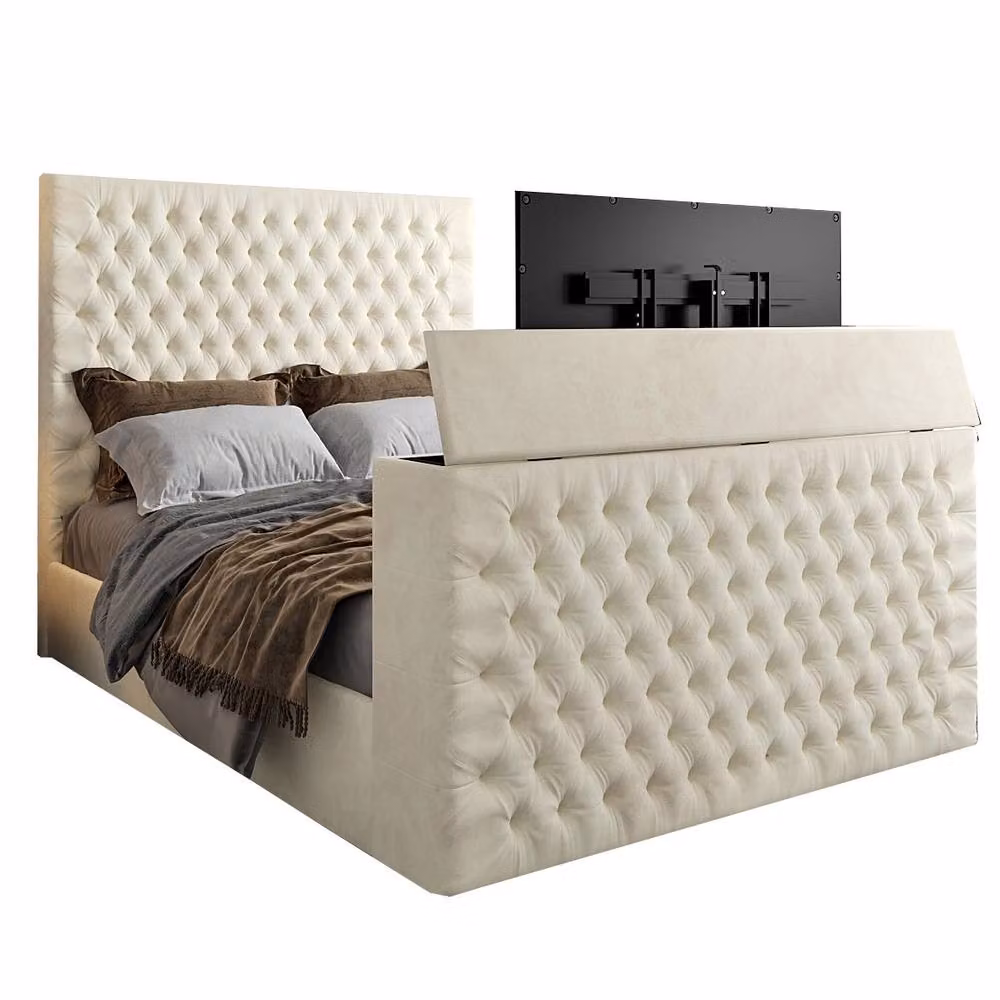 KDMD Ansford Upholstered Soft Velvet TV Bed Frame in Cream, Single Size (W/D/H: 90 x 200 x 98 cm) – 2