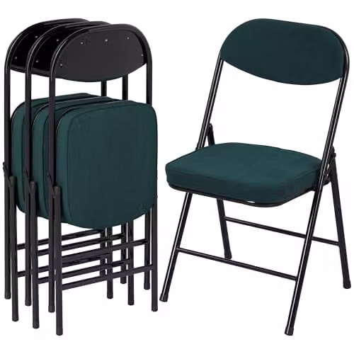 HOMCOM Set of 4 Stackable Folding Chairs with Padded Fabric Seats and Metal Frame in Petrol Blue – 1