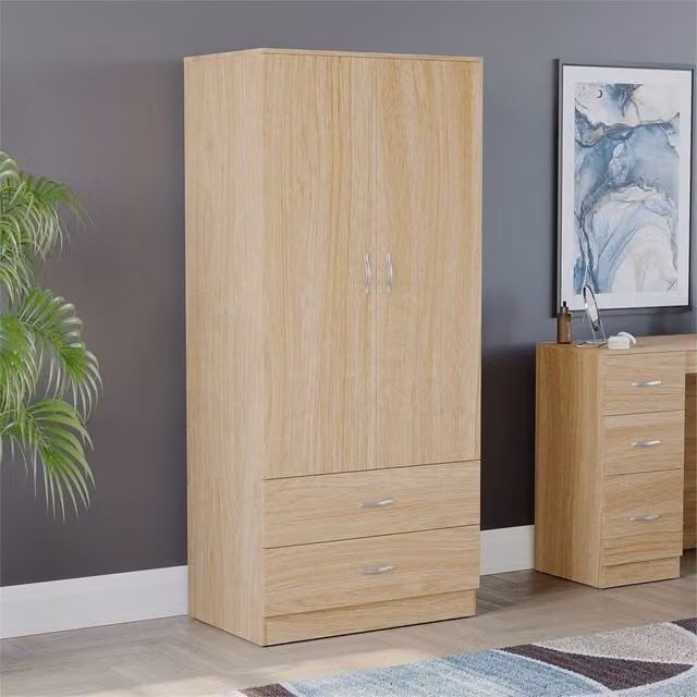 FORGEVIO Natural Pine Wooden Wardrobe with Modern Hinged Doors and Integrated Drawers – 1