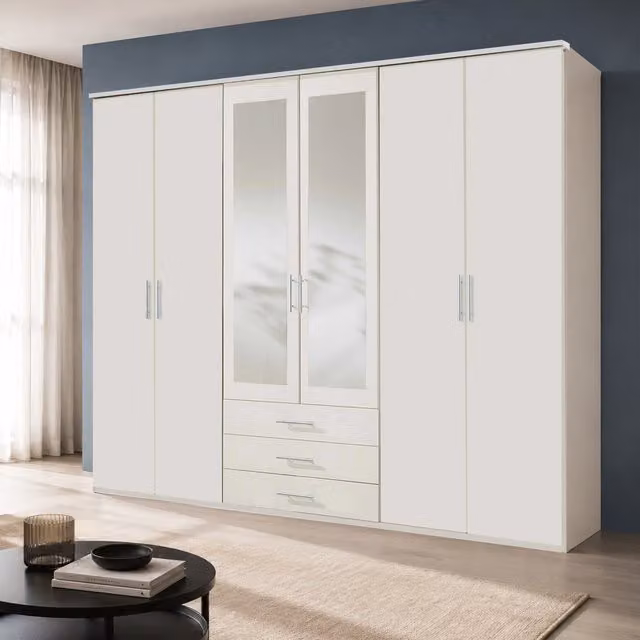 KDMD Ben White 6 Door 270cm Modern Wardrobe with Mirror and 3 Integrated Drawers in Matt White