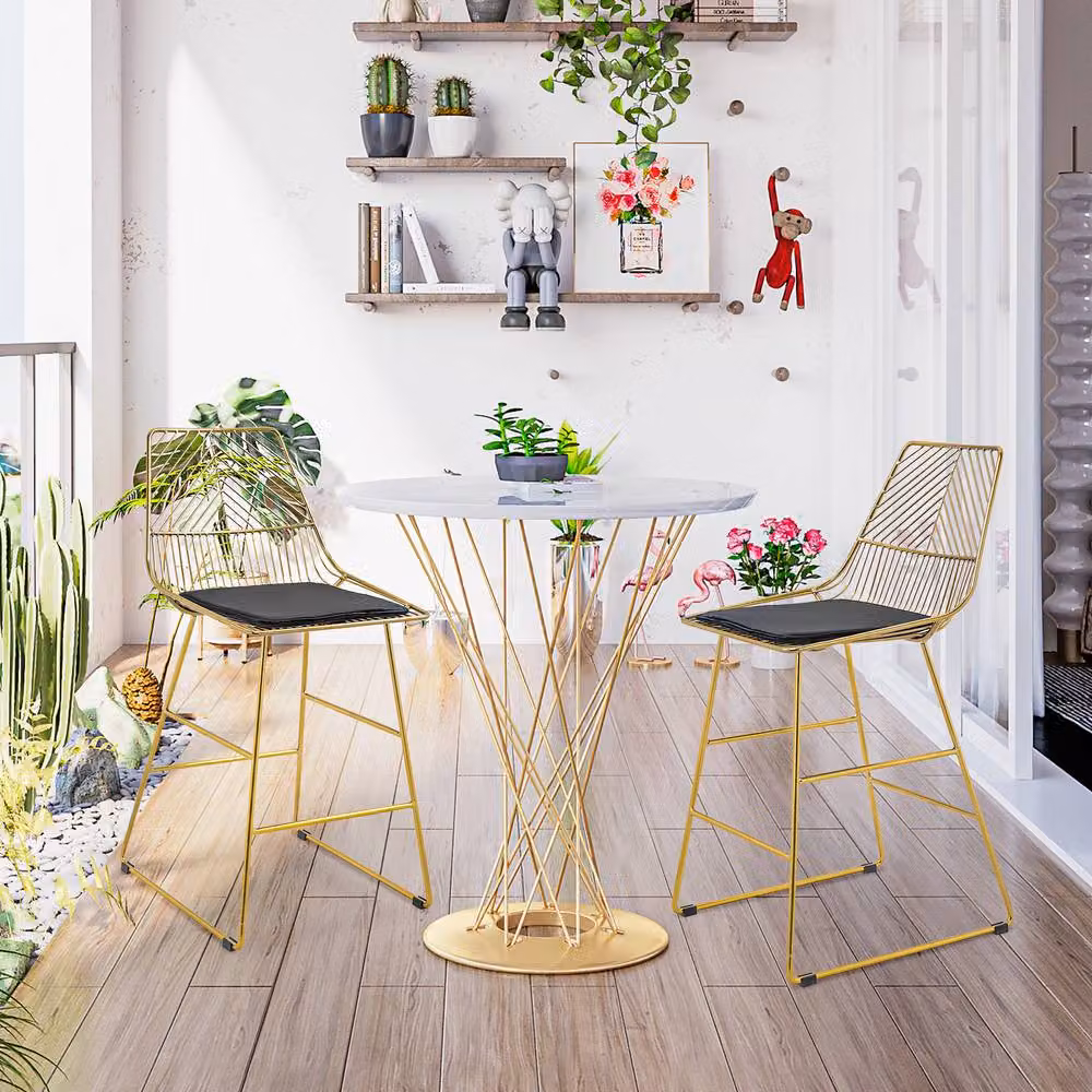 STILVORA Set of 2 Modern Geometric Bar Stools with Glossy Gold Metal Frame – 3