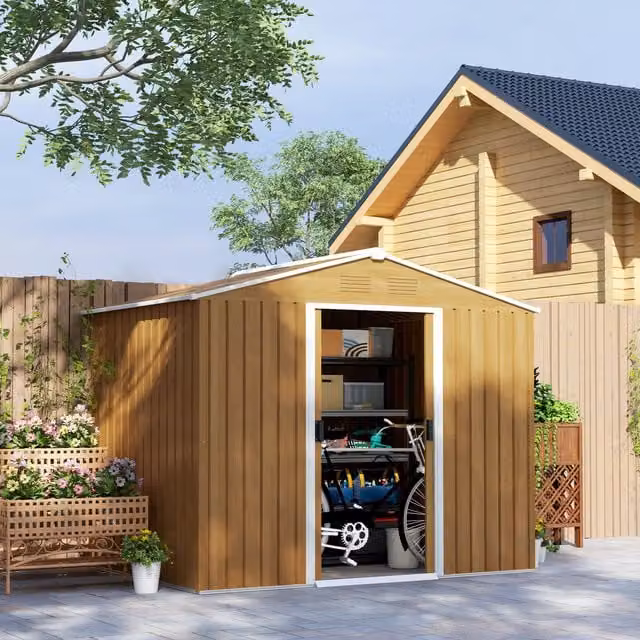 Outsunny Outdoor Garden Storage Shed in Dark Brown Wood Effect with Sliding Doors and Side Vent, Galvanised Steel