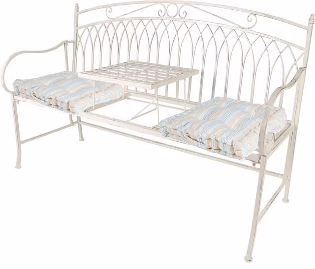 Dibor Vintage Large Arched Metal Garden Companion Seat Bench in Cream with Blue Cushions