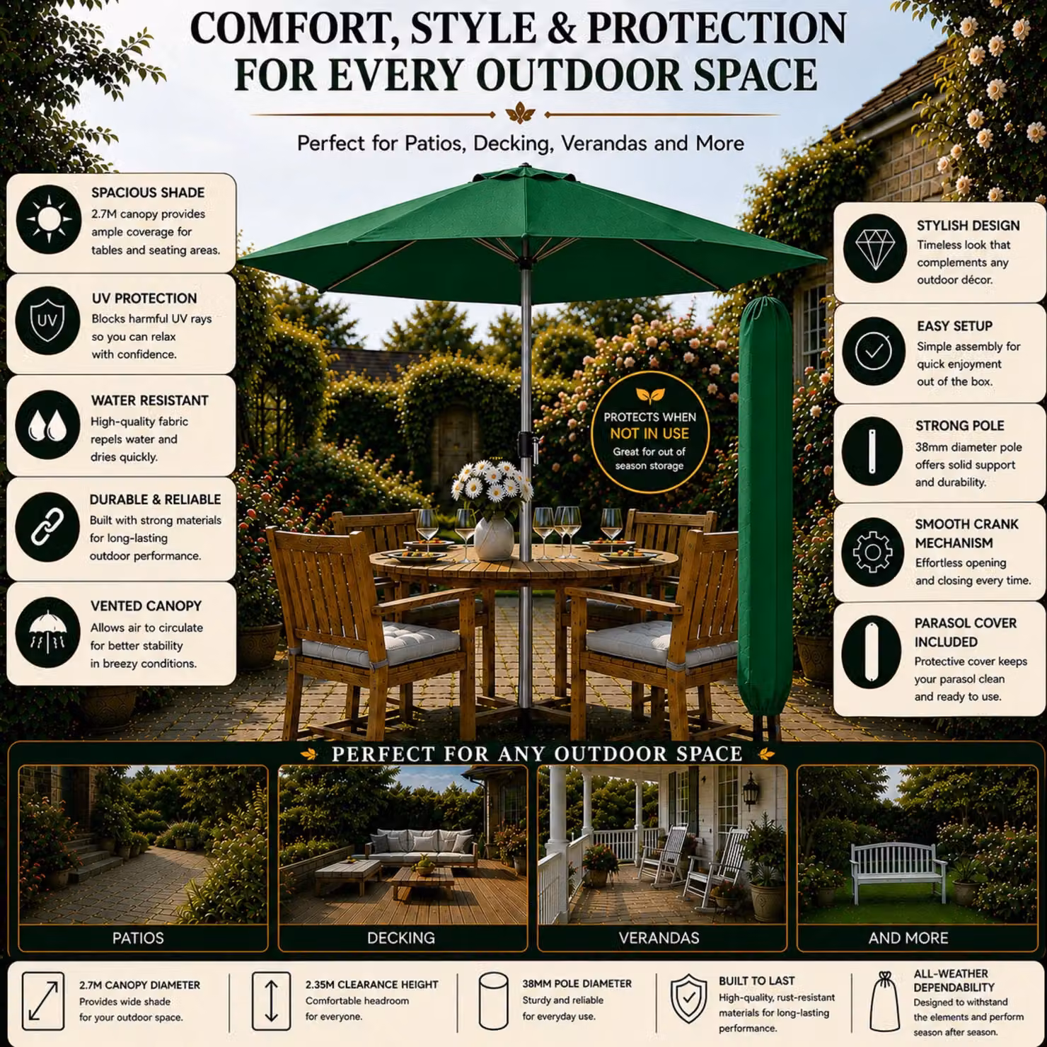 Glamhaus Green Garden Table Tilting Parasol with Crank, Waterproof Aluminium Umbrella, H 270 cm x W 235 cm – 3