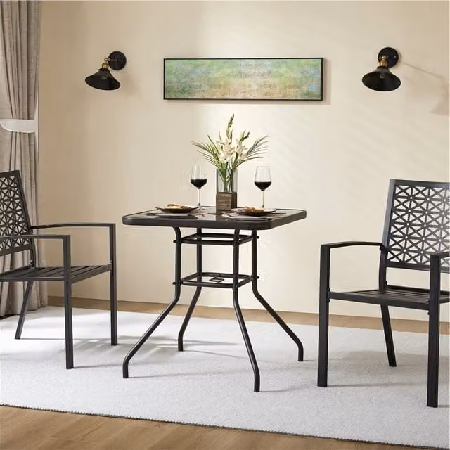 Yaheetech Modern Square Bistro Table with Matt Black Metal Frame and Tempered Glass Top