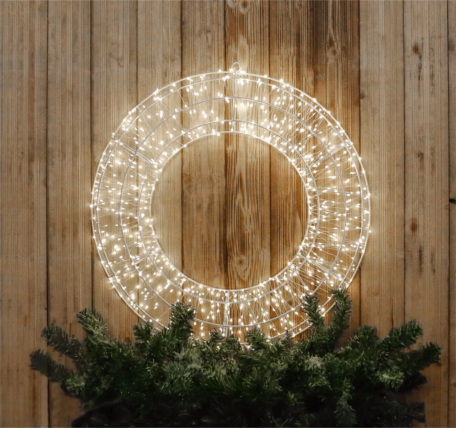 Xmas Haus White Metal 2D Wreath with 1200 Cool White LEDs in Black, W: 70 cm, D: 9 cm – 2