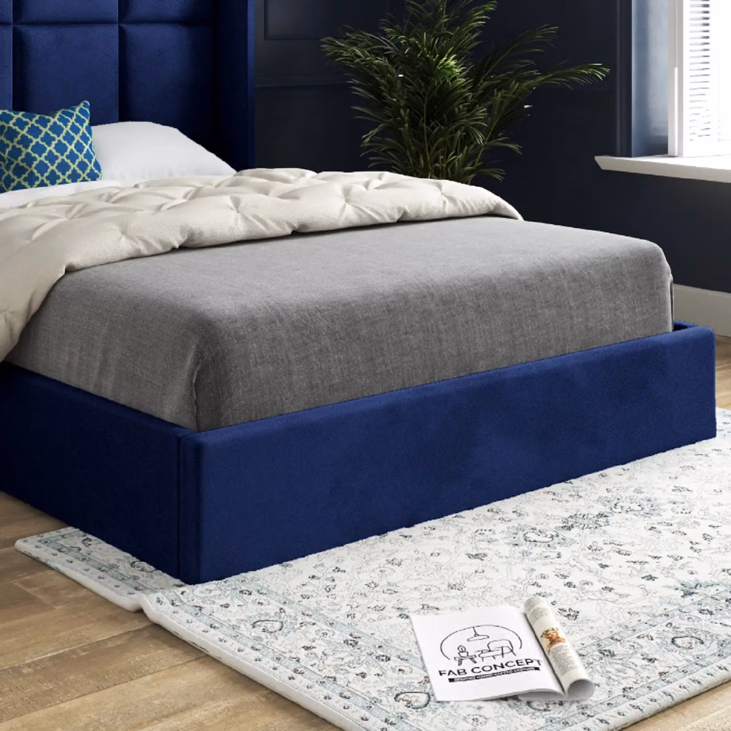 Casani Quanta Modern Upholstered Soft Velvet Bed Frame in Blue, W/D/H: 120 x 200 cm – 3