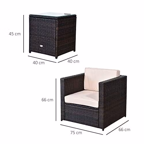 Outsunny 3 Piece Rattan Garden Furniture Set with Upholstered Cushions and Glass Top Coffee Table, Brown – 8