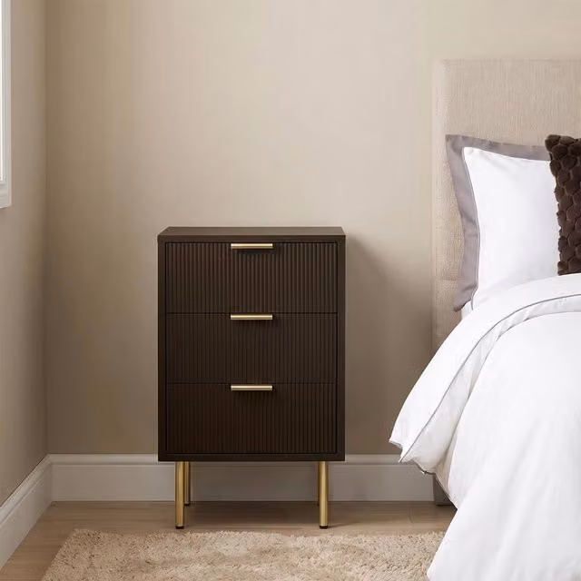 OHS Ribbed 3-Drawer Bedside Cabinet in Dark Brown Engineered Wood – 1