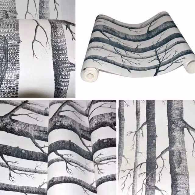FLAVORA Black and White Forest Woods 3D Birch Tree Wallpaper Roll, W: 100 cm x H: 100 cm – 1