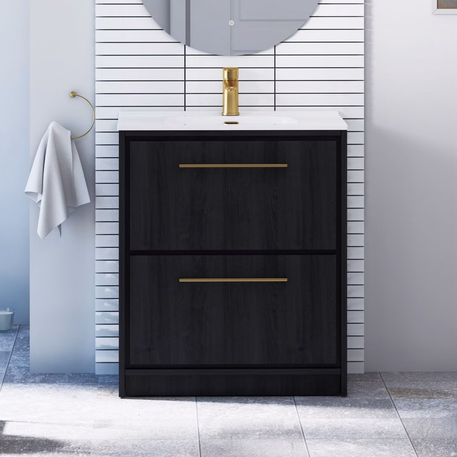 Livora Black Woodgrain Floor Standing 2 Drawer Vanity Unit with Ceramic Basin and Brushed Brass Handle