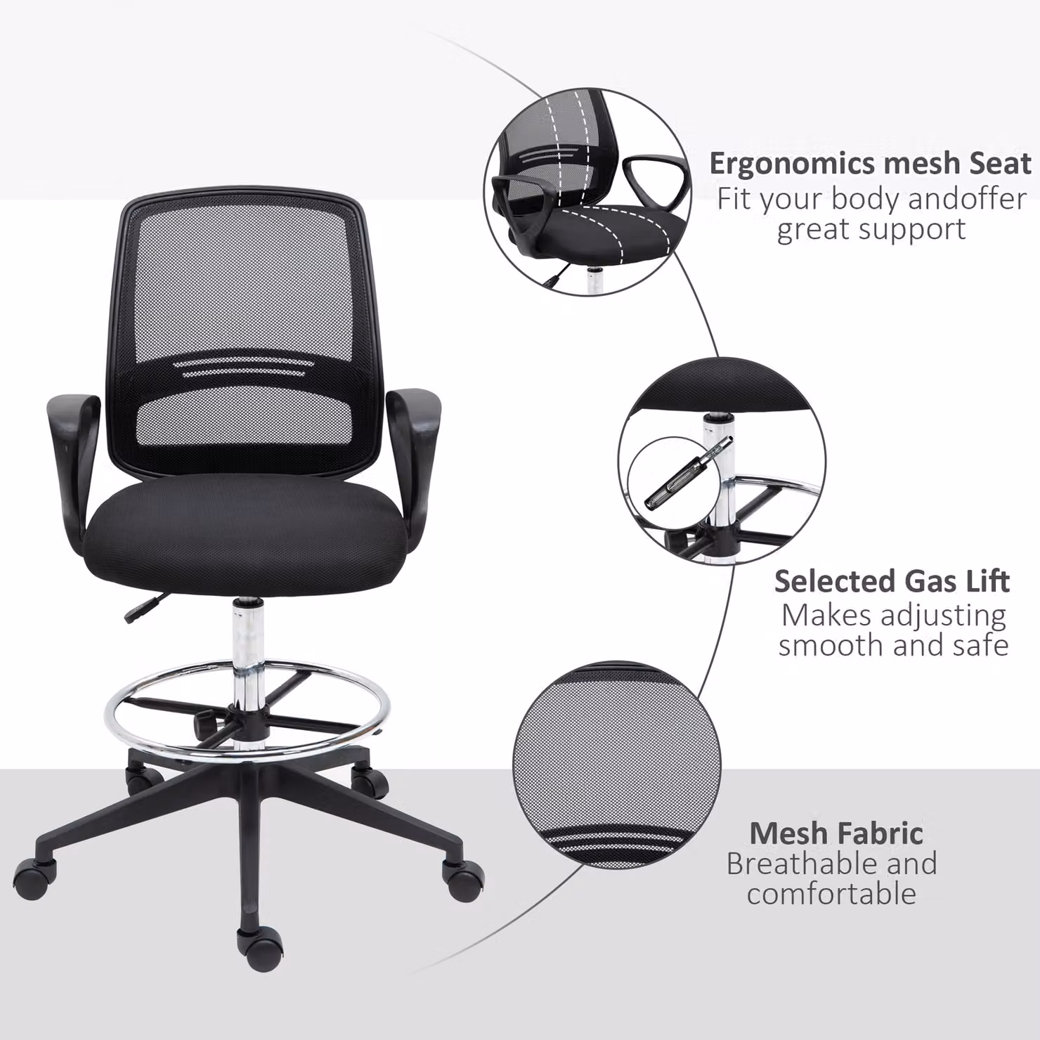 Vinsetto Ergonomic Mesh Back Drafting Chair in Black with Adjustable Height, Footrest and 360 Degree Swivel – 5
