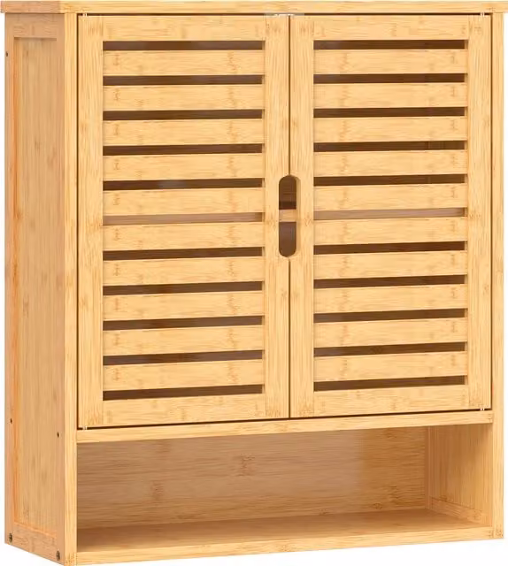 HOMCOM Brown Wall Mounted Bathroom Cabinet with 2 Hinged Doors and Open Shelf, W/D/H: 60.0 x 21.0 x 66.5 cm