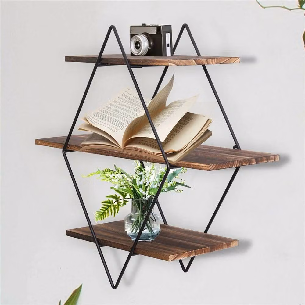 FLAVORA Retro Rhombus Geometric Floating Wall Shelves in Brown, Wood and Metal, W: 50 cm, D: 50 cm, H: 50 cm – 2