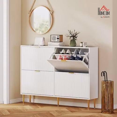 HOMCOM Narrow White Shoe Cabinet with 4 Tilting Compartments and Gold Accents, H 91.5 x W 105.0 x D 24.0 cm – 2