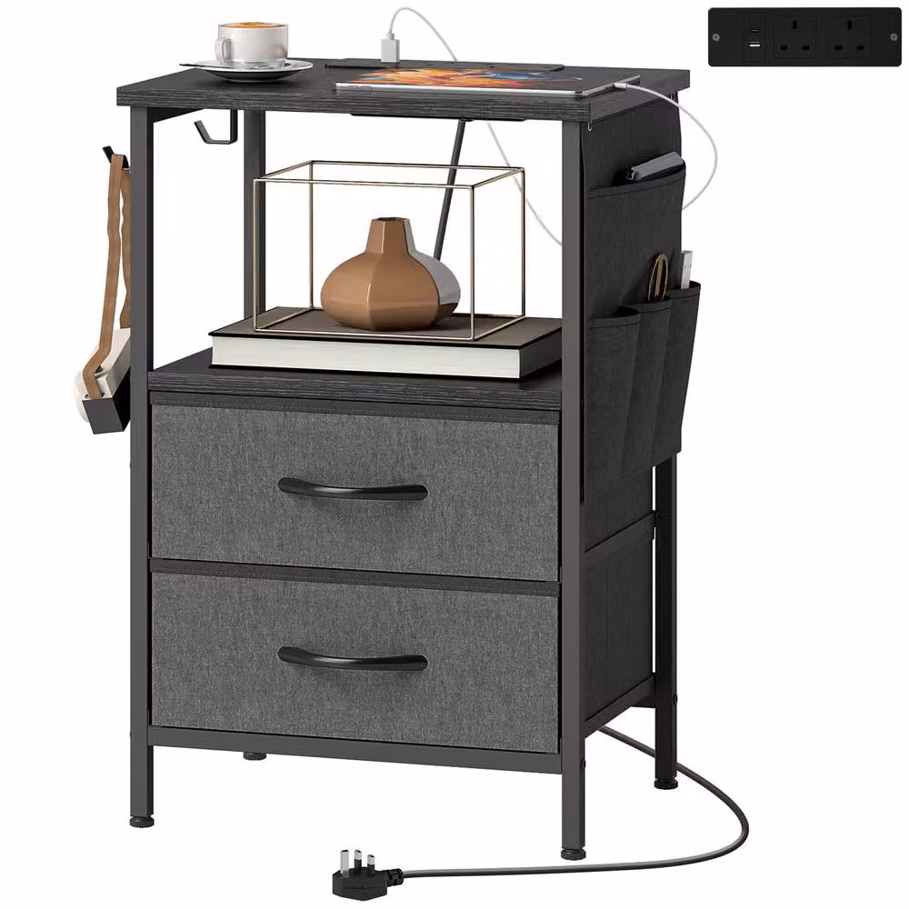 HOMCOM Slim Black Side Table with Charging Station – 2