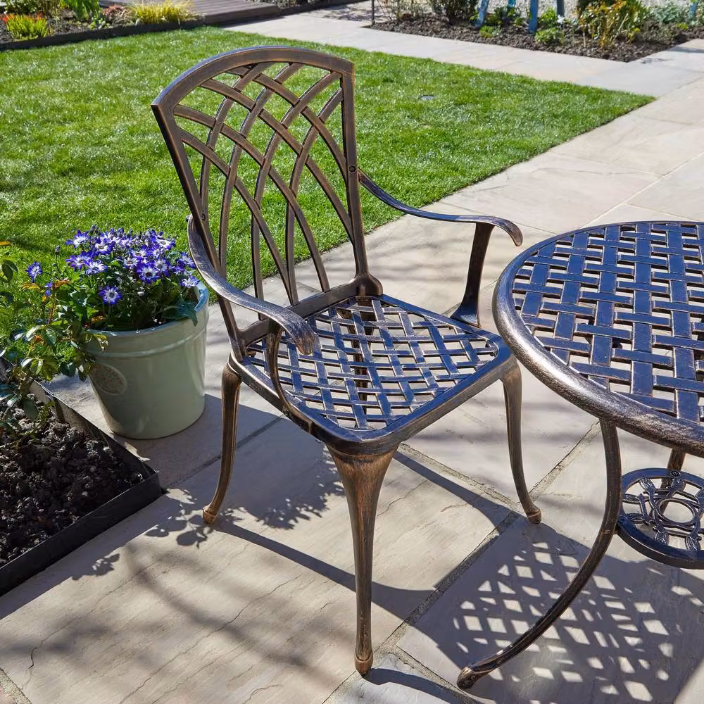 Home Source Brown Bistro Set with Lattice Table and 2 Chairs, Aluminium Metal Garden Furniture – 3
