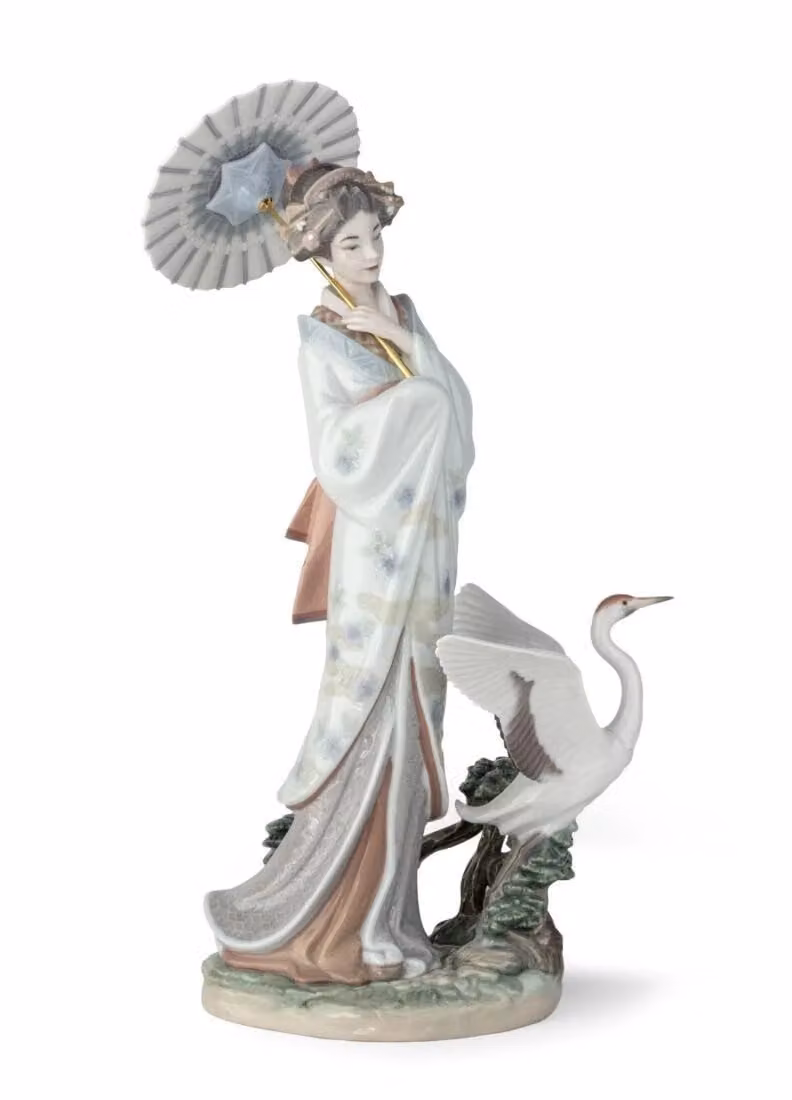 Lladró Japanese Portrait Woman Porcelain Figurine in White with Floral Details