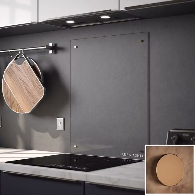 Laura Ashley Clear Glass Kitchen Splashback with Copper Caps, Transparent and Copper