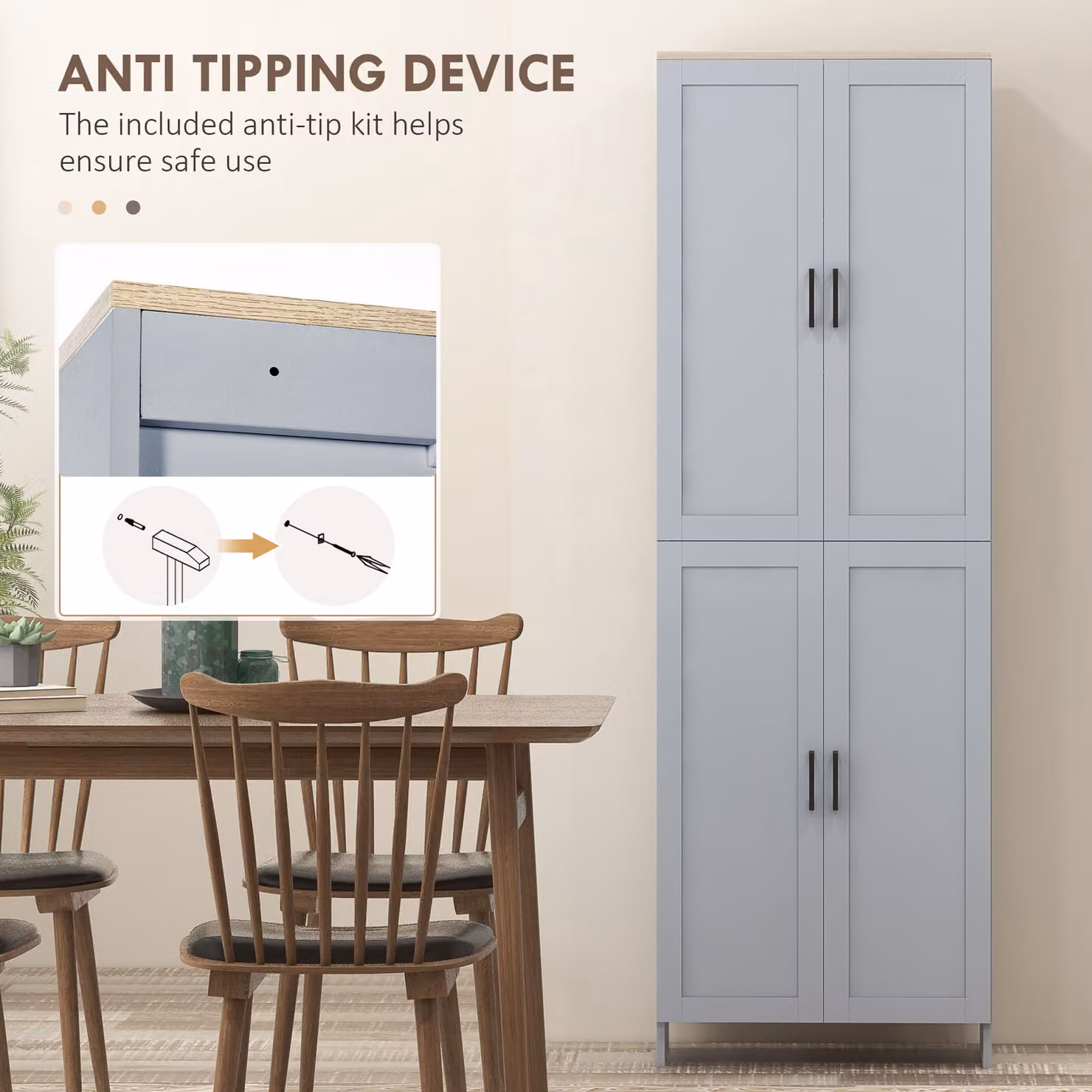 HOMCOM Grey Freestanding Kitchen Cupboard with 4 Hinged Doors and Adjustable Internal Shelves – 5