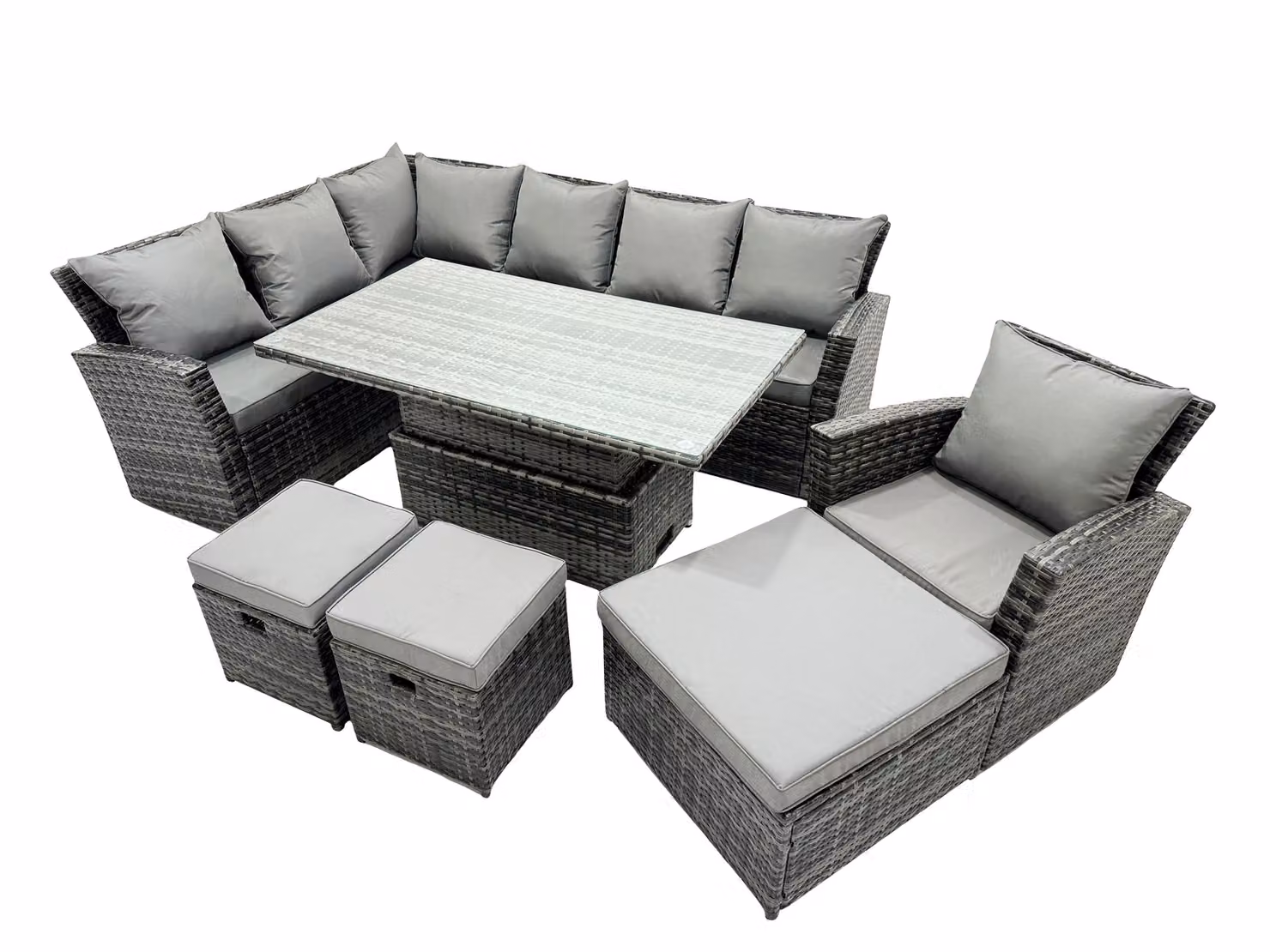 Fimous Poly Rattan Outdoor Patio Corner Sofa Set with 3 Stools in Dark Grey – 2