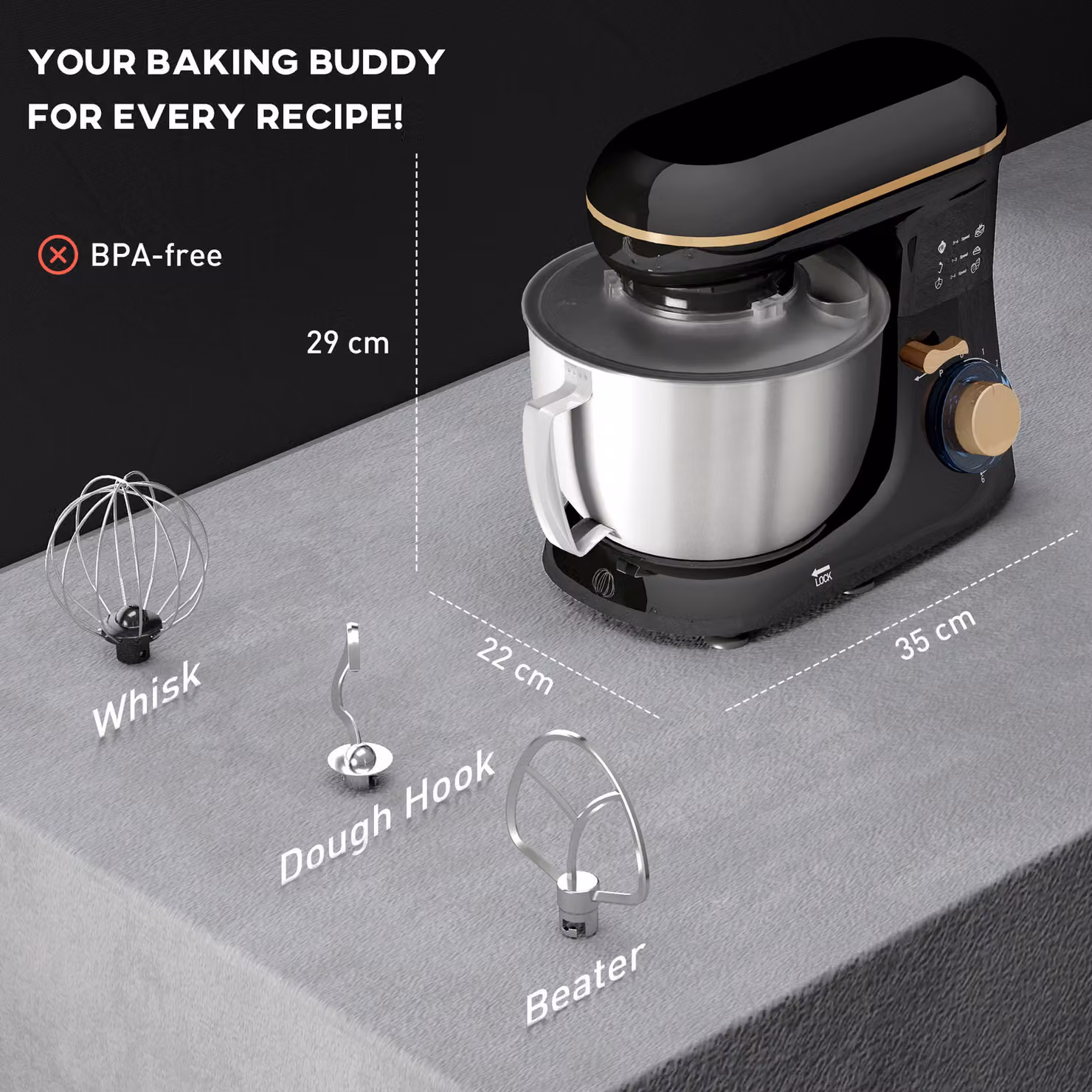 HOMCOM 1300W Kitchen Stand Mixer with Attachments and Accessories in Black – 3