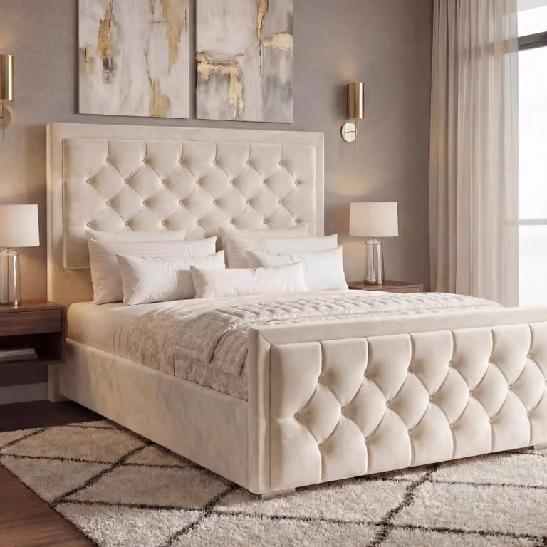 DHS Cross Puffed Velvet Ottoman Storage Bed in Beige, King Size (180 x 200 cm)