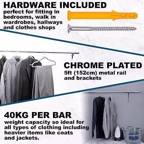 House of Home Heavy Duty Wall Mounted Metal Clothes Rail in Silver, 152.4 cm – 4