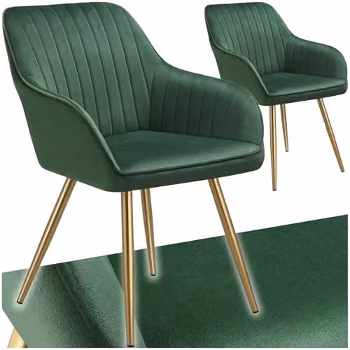 tectake Set of 2 Marilyn Dining Chairs with Velvet Fabric and Gold Metal Legs in Dark Green/Gold