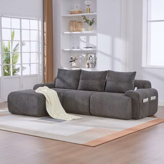 Matteo Dark Grey Modular Corduroy 3-Seater L-Shape Sofa with Reversible Ottoman and Cup Holders