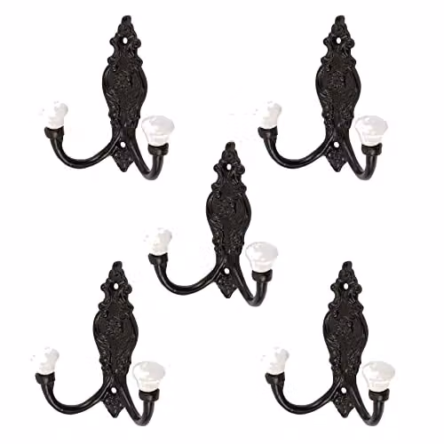 Hammer and Tongs Ornate Double Ceramic Coat Hook in White and Black, Pack of 5, W: 10.0 cm, H: 11.5 cm – 2