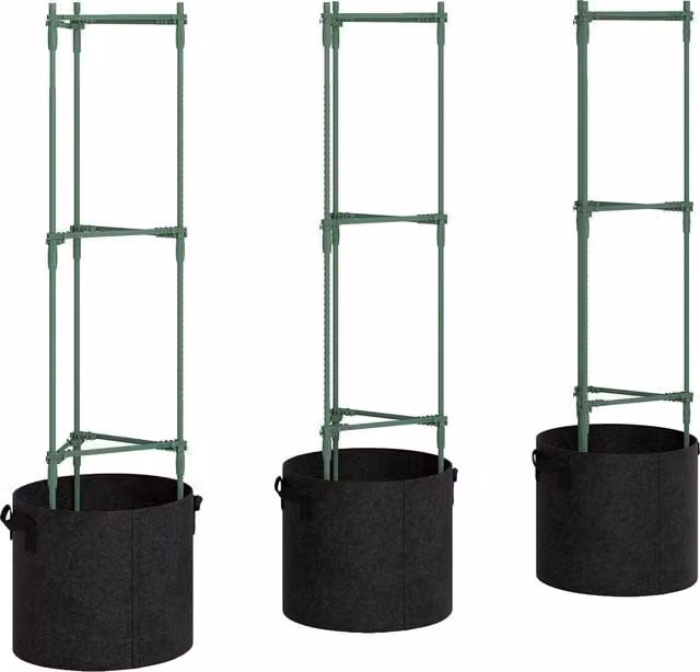Outsunny 3 Pack Tomato Cages with 83.7L Grow Bags and 120cm Adjustable Triangle Plant Stakes Support Trellis