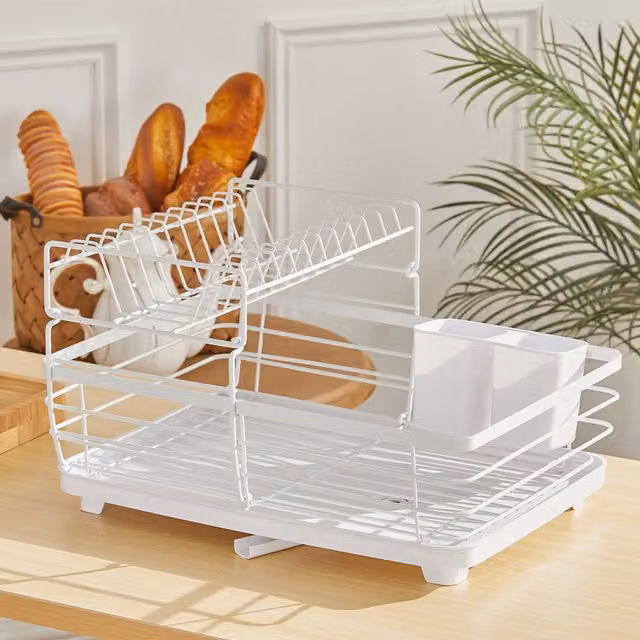 Livingandhome 2 Layer White Dish Plate Drain Board Rack with Drip Tray and Cutlery Holder