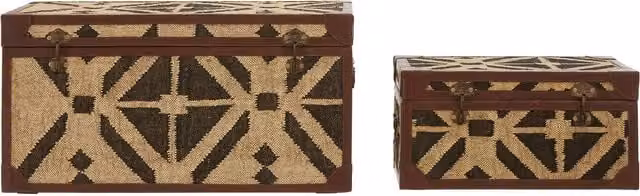 Orsina Set of 2 Vintage Metal Storage Trunks in Brown and Multicolour with Geometric Design – 1