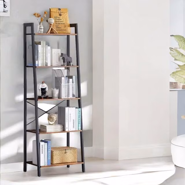 Rafaelo Mobilia 5 Tier Free Standing Ladder Shelf for Living Room Storage, Rustic Brown, H 171.0 x W 60.0 x D 39.5 cm – 1