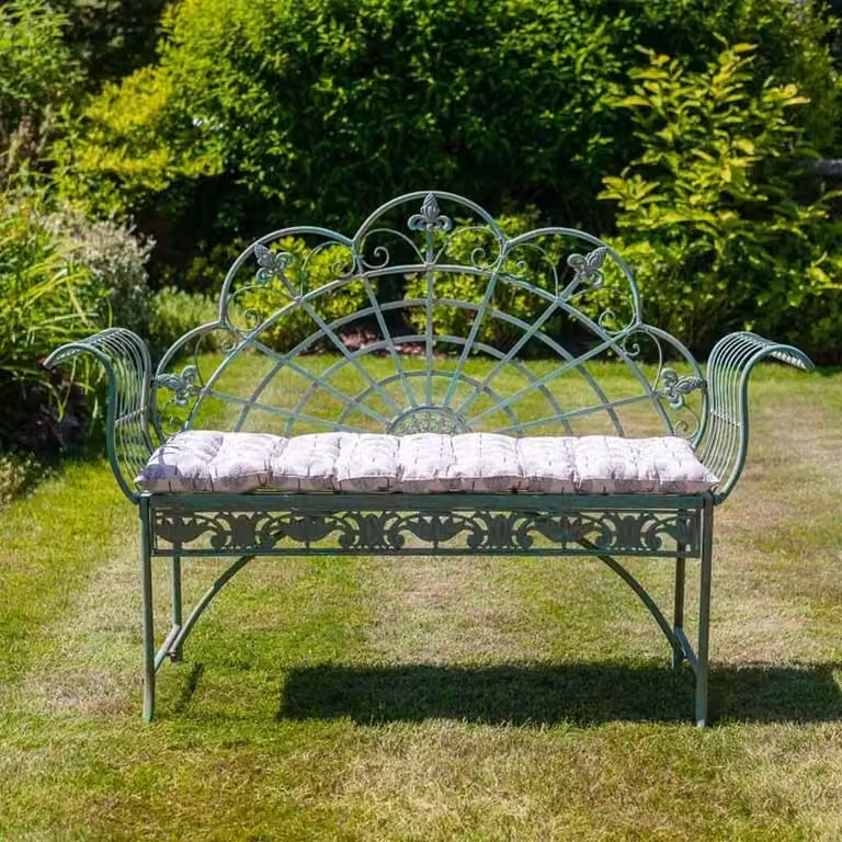 Ascalon Design Ltd Peacock Metal Bench in Green with Floral Design, W: 46 cm, D: 138 cm, H: 102 cm