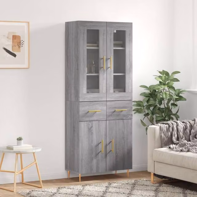 Berkfield Home Grey Sonoma Modern Highboard with Glass Doors and Internal Shelves, W: 69.5 cm, D: 34 cm, H: 180 cm – 1