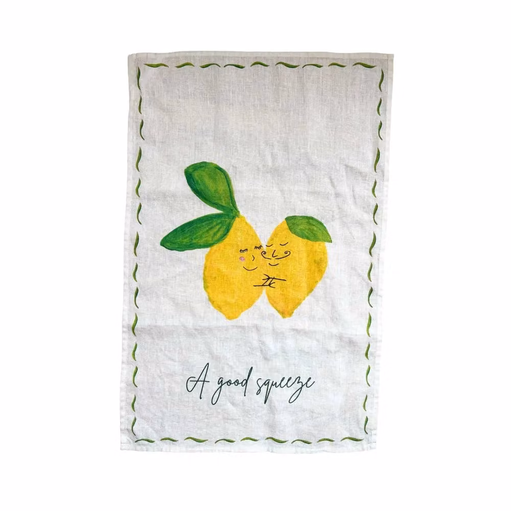 Dinette A Good Squeeze Lemon Linen Teatowel in Yellow and White